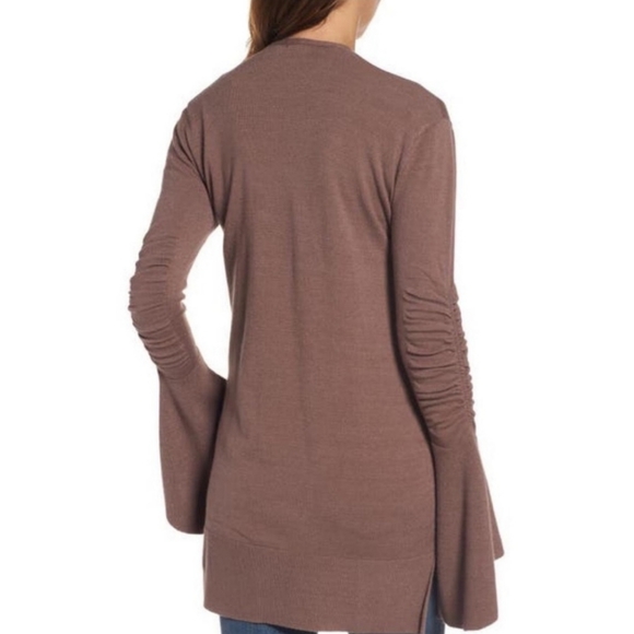 Hinge Bell Sleeve Brown Cardigan Ruched Bohemian Nordstrom Size Medium Sweater - Picture 2 of 11